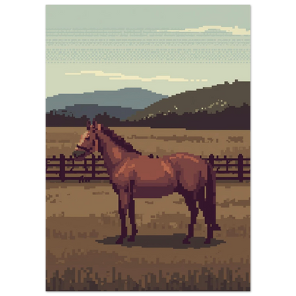 Digital illustration av häst vid stängsel i retro pixelstil