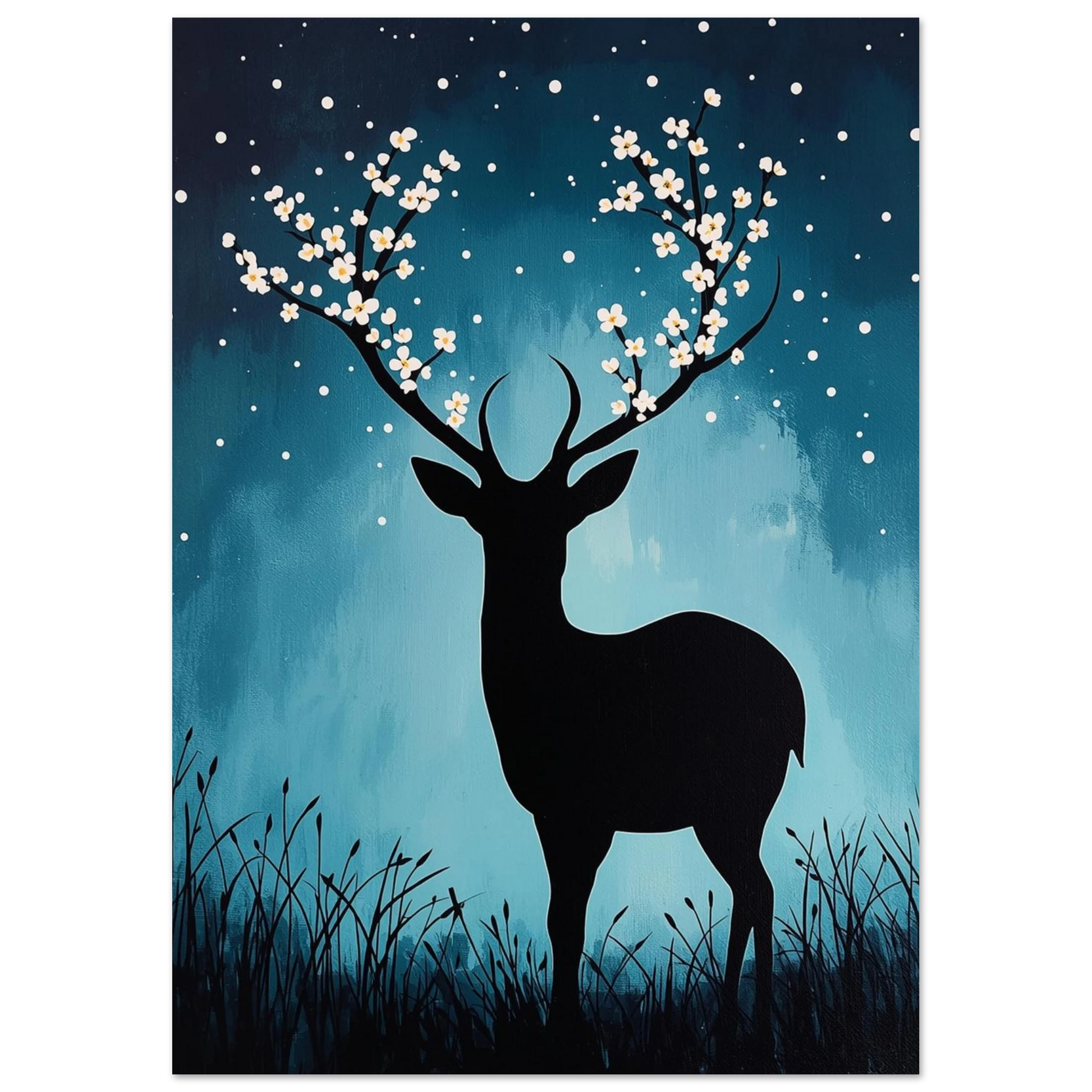 Konstnärlig hjort i silhuett med blommande horn och glittrande stjärnor