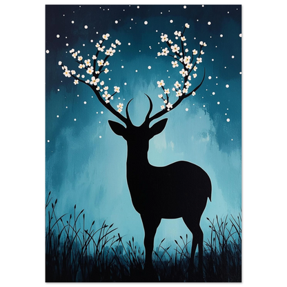 Konstnärlig hjort i silhuett med blommande horn och glittrande stjärnor