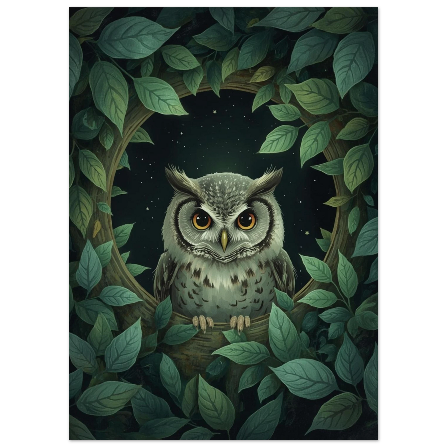 Nattlig illustration av en uggla omgiven av gröna blad och stjärnor