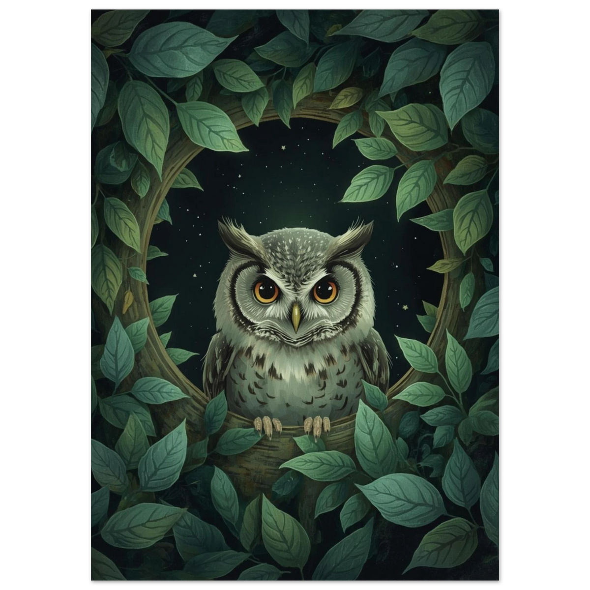 Nattlig illustration av en uggla omgiven av gröna blad och stjärnor
