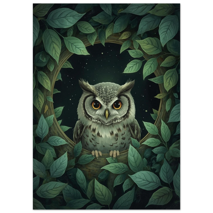 Nattlig illustration av en uggla omgiven av gröna blad och stjärnor