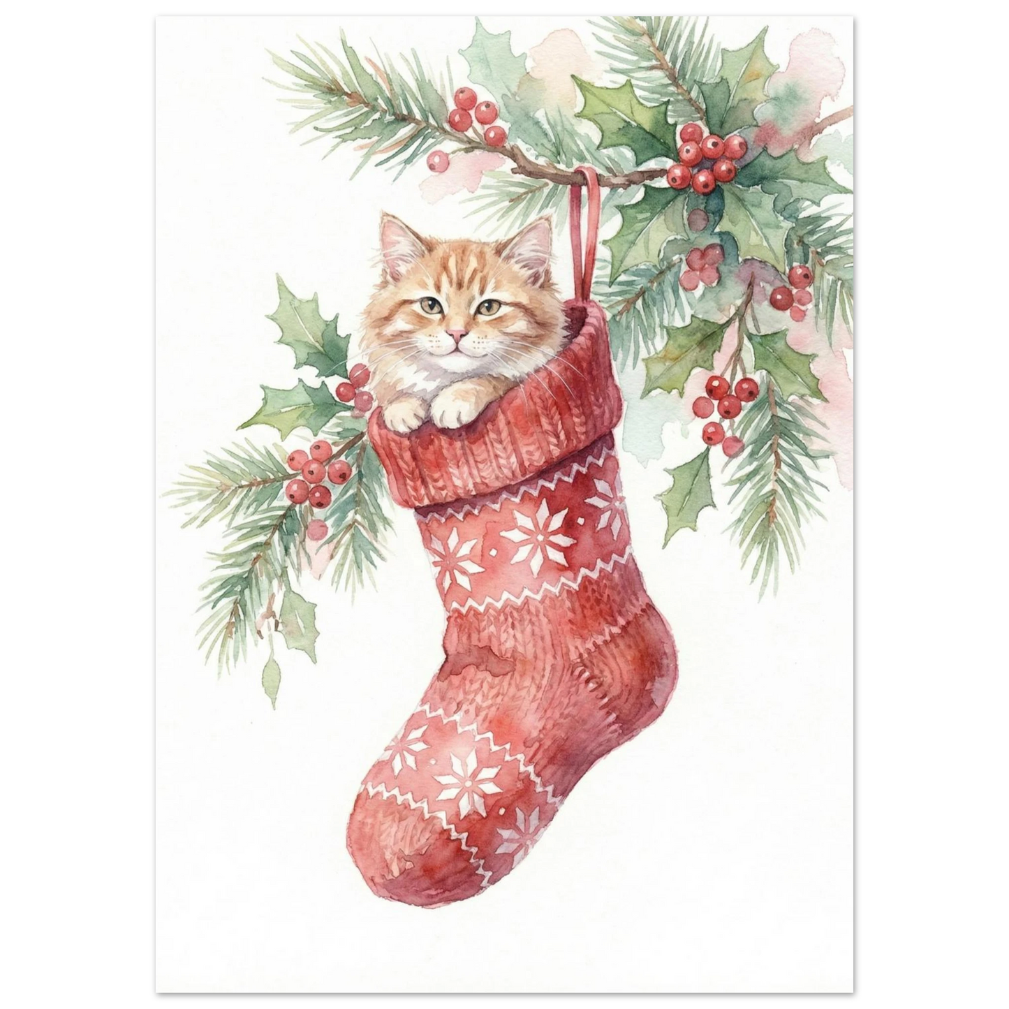 Liten orange katt kikar ur en röd julsocka med snöflingemönster, djurposter