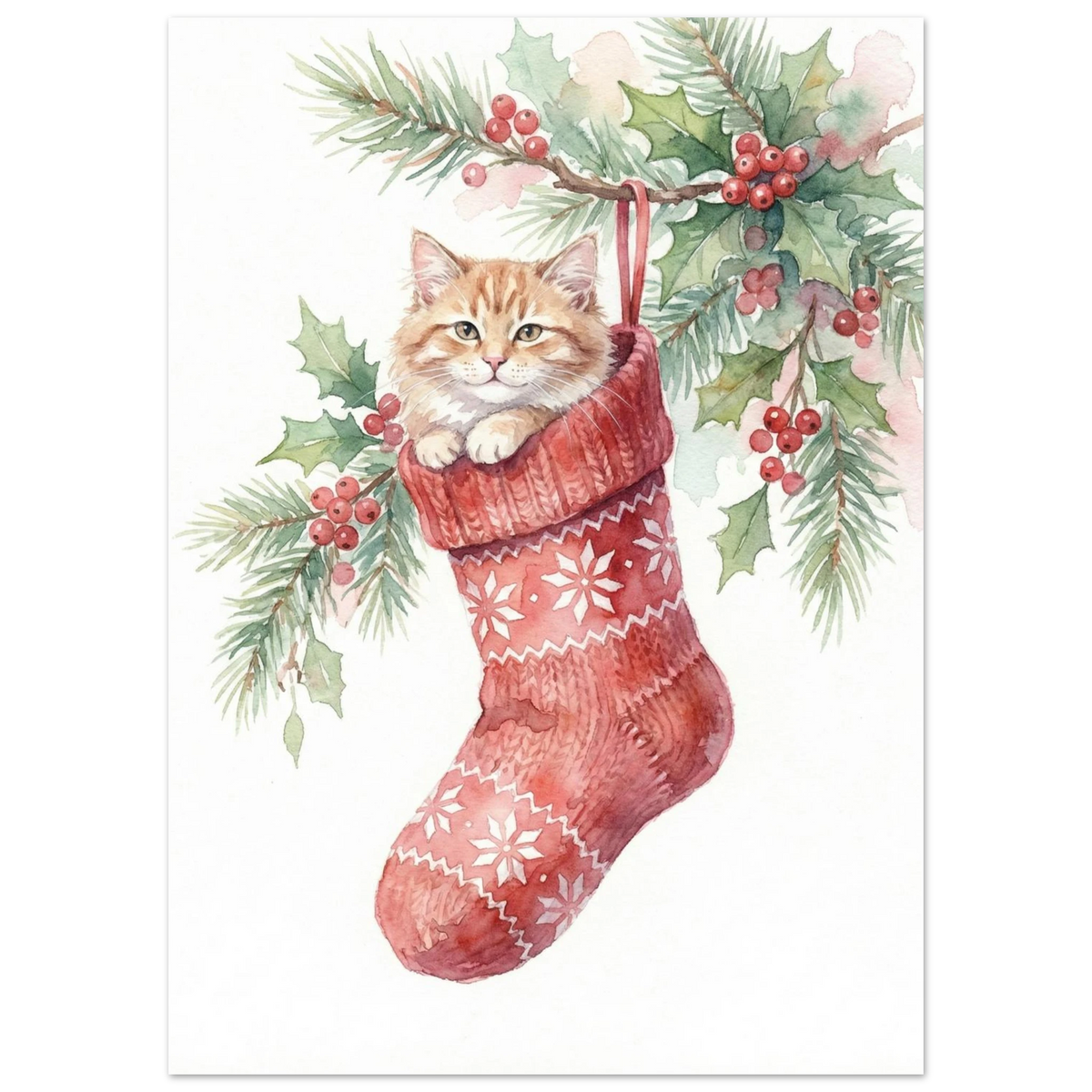 Liten orange katt kikar ur en röd julsocka med snöflingemönster, djurposter