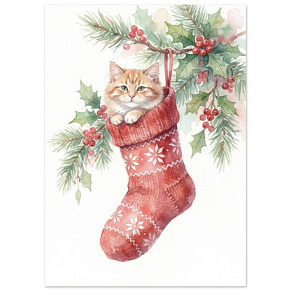 Liten orange katt kikar ur en röd julsocka med snöflingemönster, djurposter