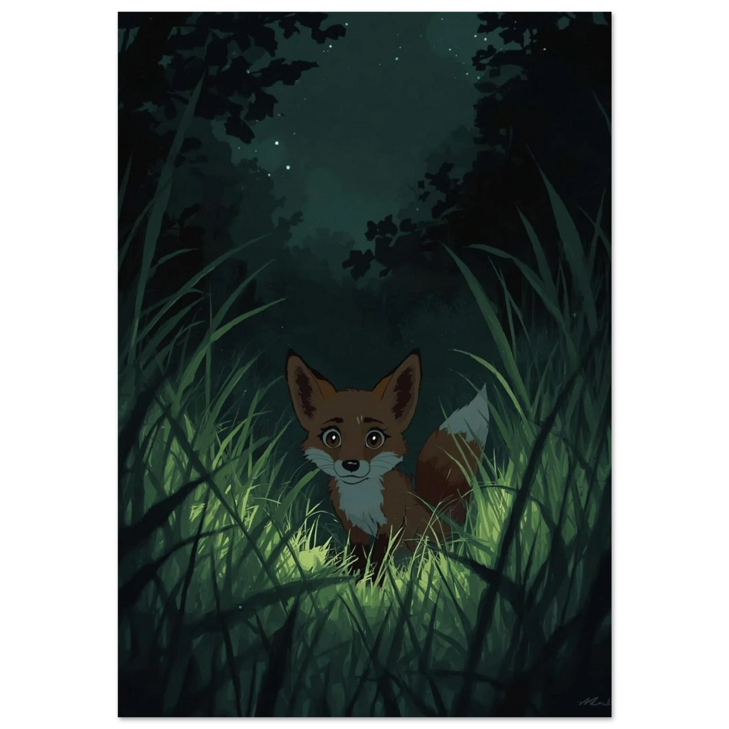 Sagoaktig rävunge i högt gräs under stjärnklar himmel, digital illustration