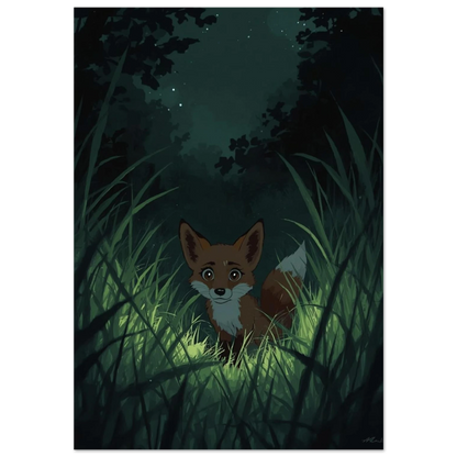 Sagoaktig rävunge i högt gräs under stjärnklar himmel, digital illustration