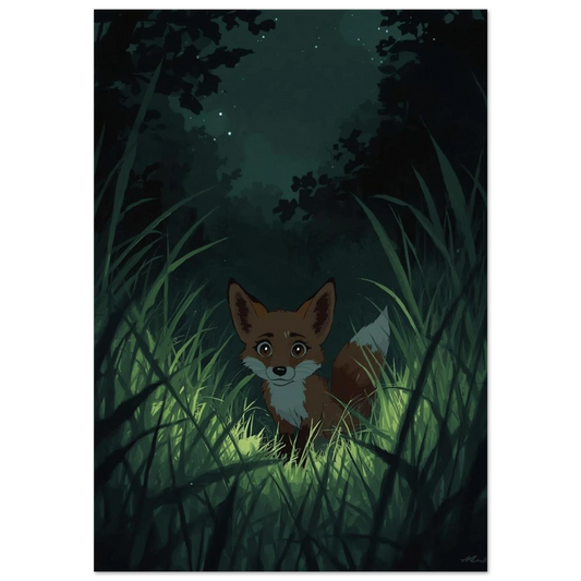 Sagoaktig rävunge i högt gräs under stjärnklar himmel, digital illustration