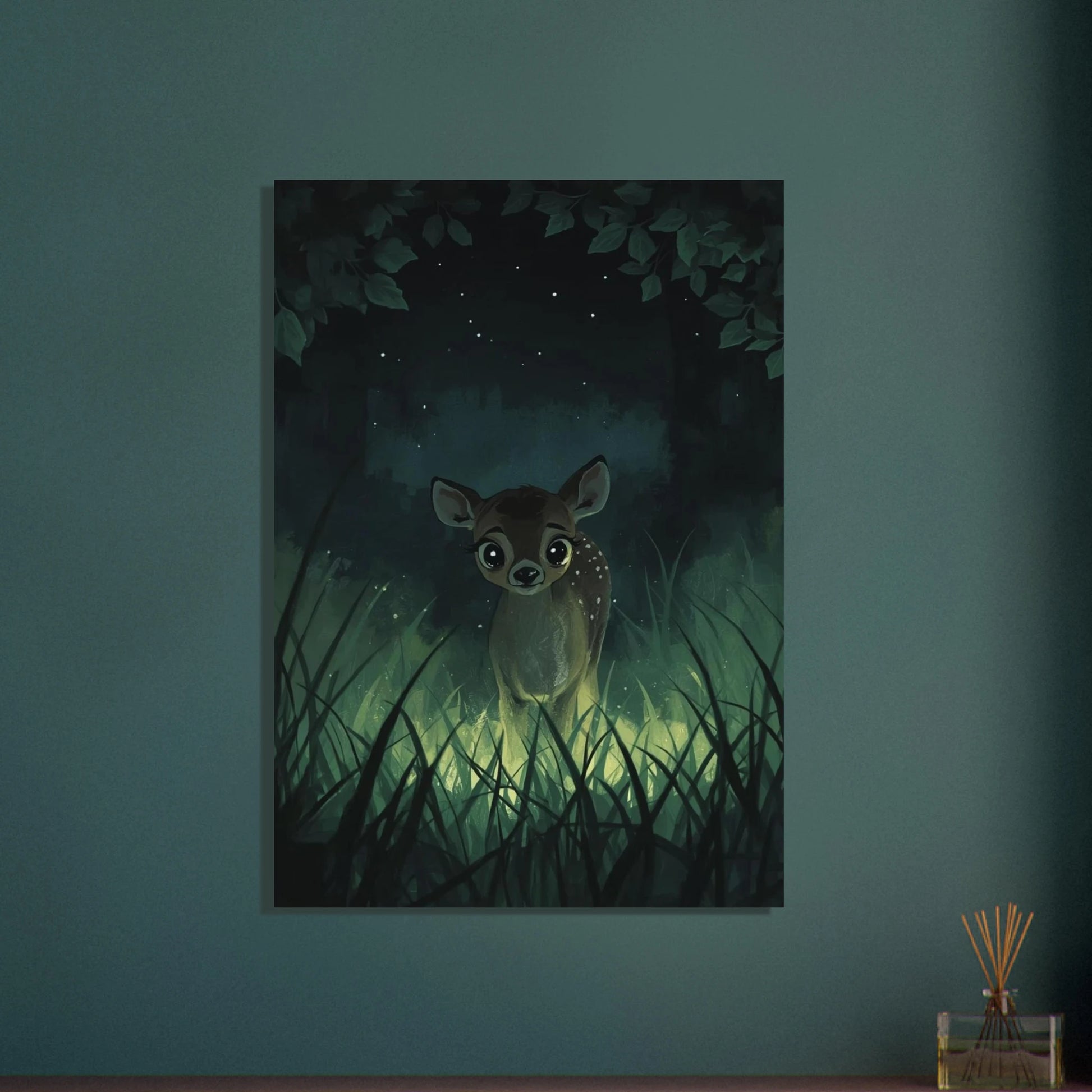 Rådjurskid i magisk skog, Ghibli-inspirerad illustration, drömlik stämning