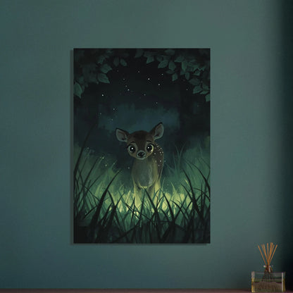 Rådjurskid i magisk skog, Ghibli-inspirerad illustration, drömlik stämning