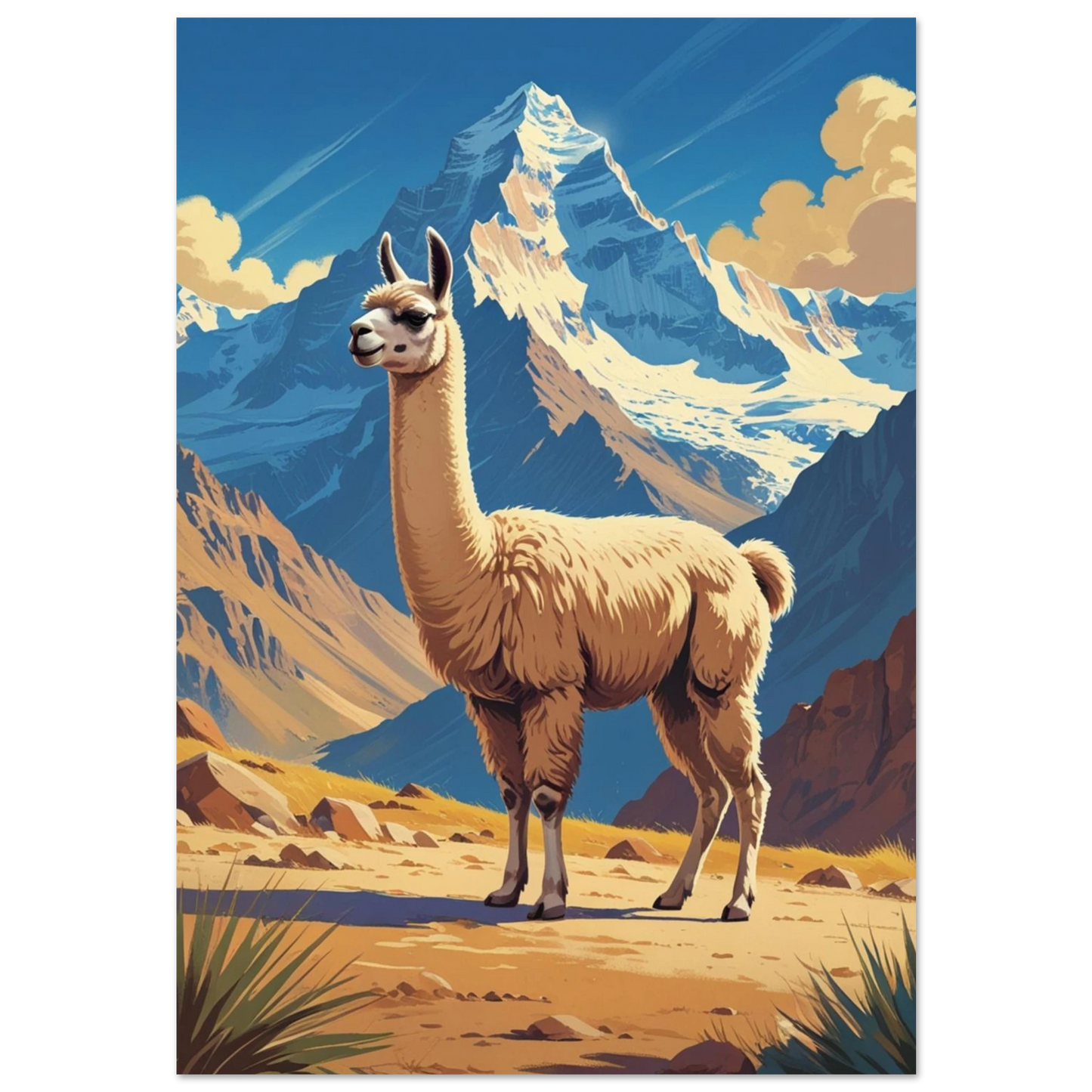 Beige lama framför snötäckta bergstoppar i retro illustrationsstil – djurposter