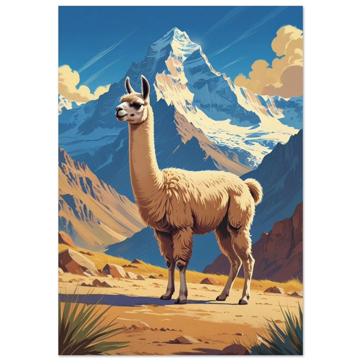 Beige lama framför snötäckta bergstoppar i retro illustrationsstil – djurposter