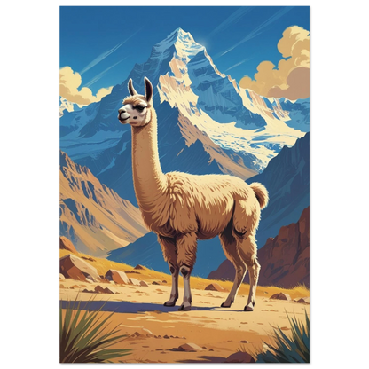 Beige lama framför snötäckta bergstoppar i retro illustrationsstil – djurposter