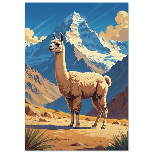Beige lama framför snötäckta bergstoppar i retro illustrationsstil – djurposter