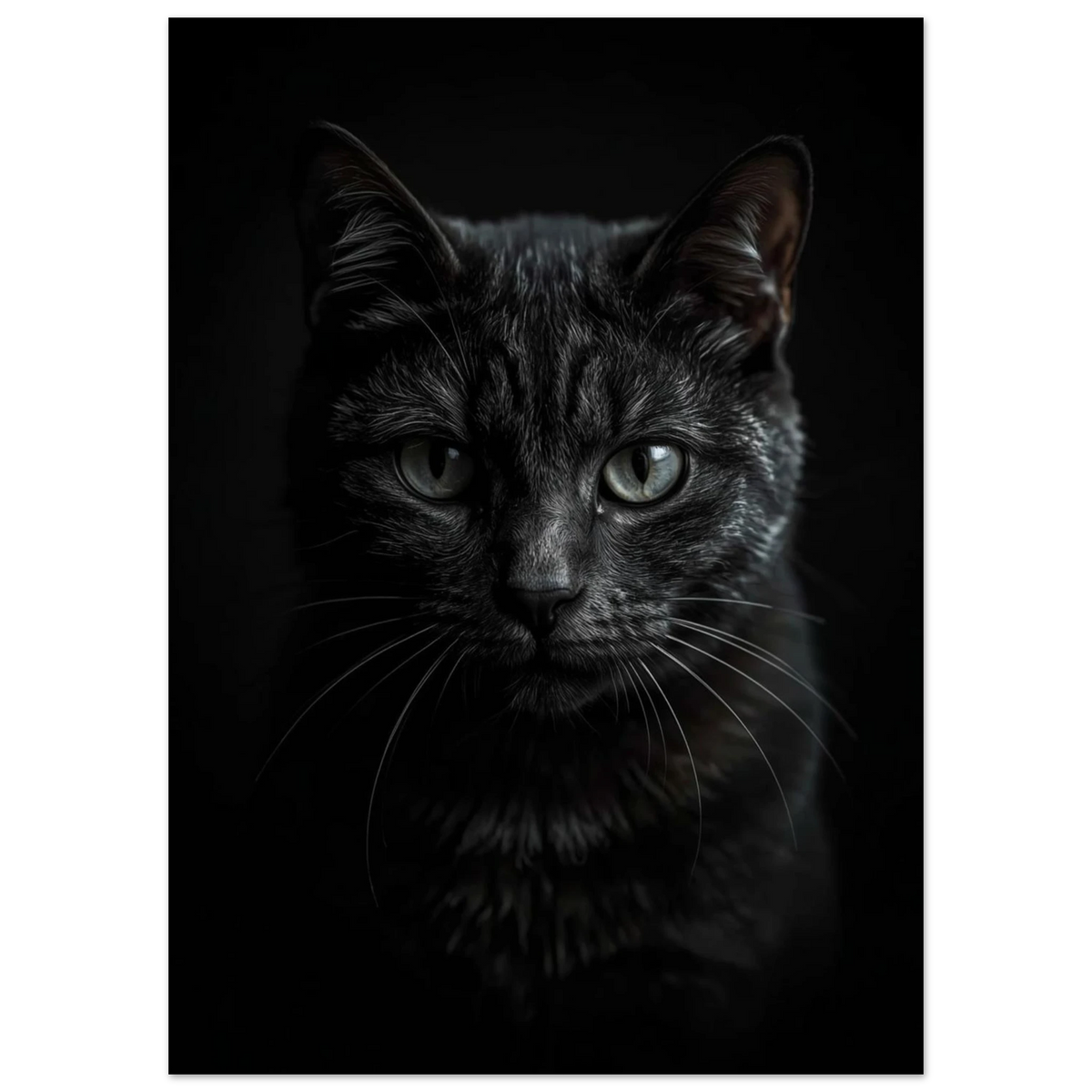 Porträtt av svart katt mot mörk bakgrund, stämningsfullt fototryck