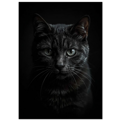 Porträtt av svart katt mot mörk bakgrund, stämningsfullt fototryck