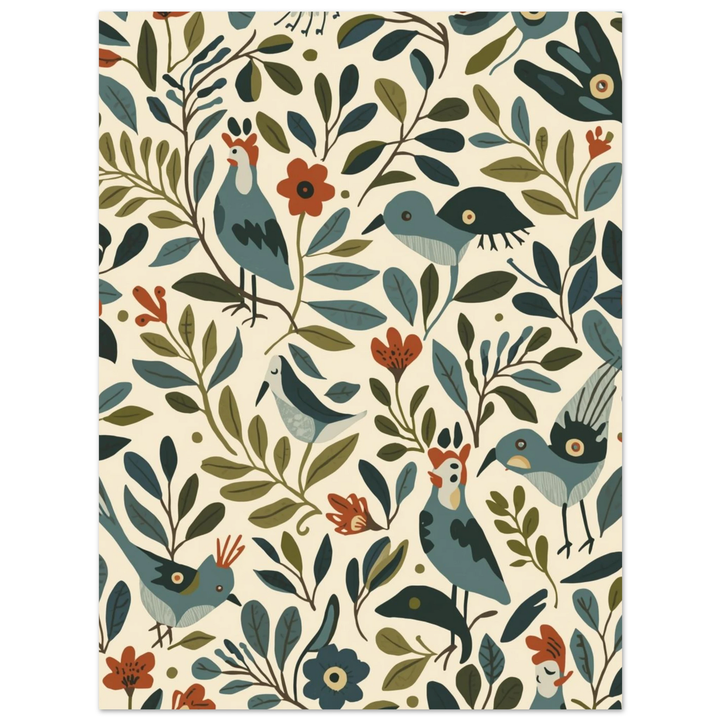Botanisk illustration med fåglar och blommor i 1960-tals design
