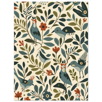 Botanisk illustration med fåglar och blommor i 1960-tals design