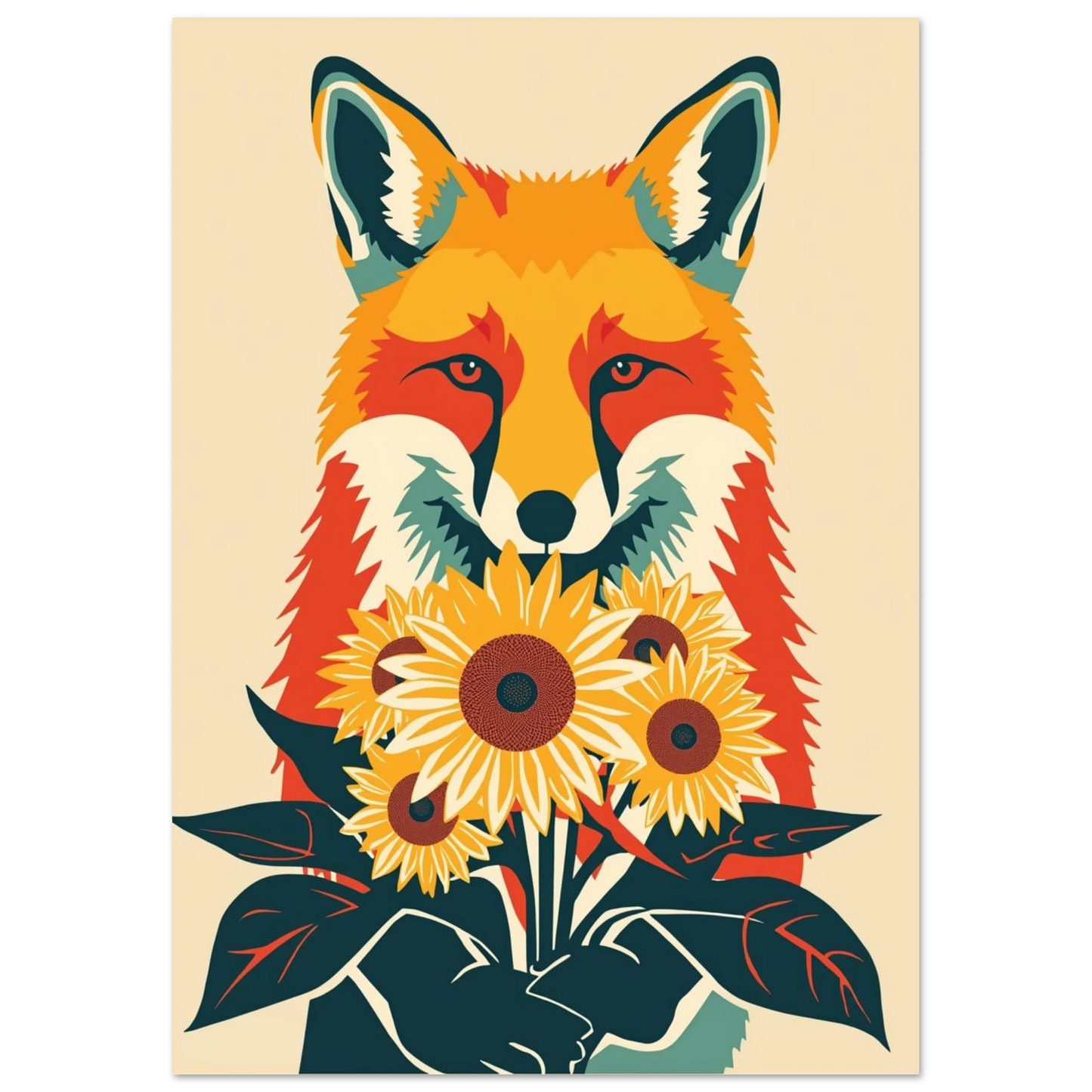 Färgstark djurposter föreställande en räv med solrosbukett i modern retrostil