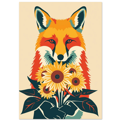 Färgstark djurposter föreställande en räv med solrosbukett i modern retrostil