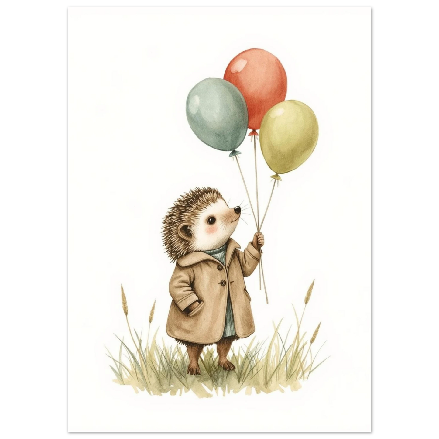 Liten igelkott med ballonger i tassar, mjuk beige illustration på gräs