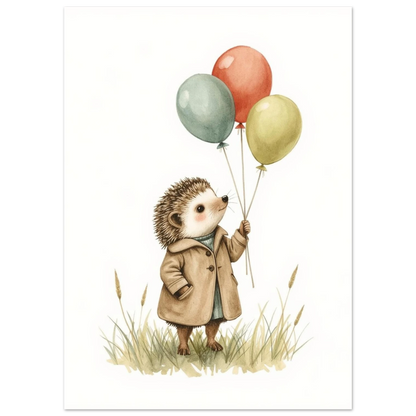 Liten igelkott med ballonger i tassar, mjuk beige illustration på gräs