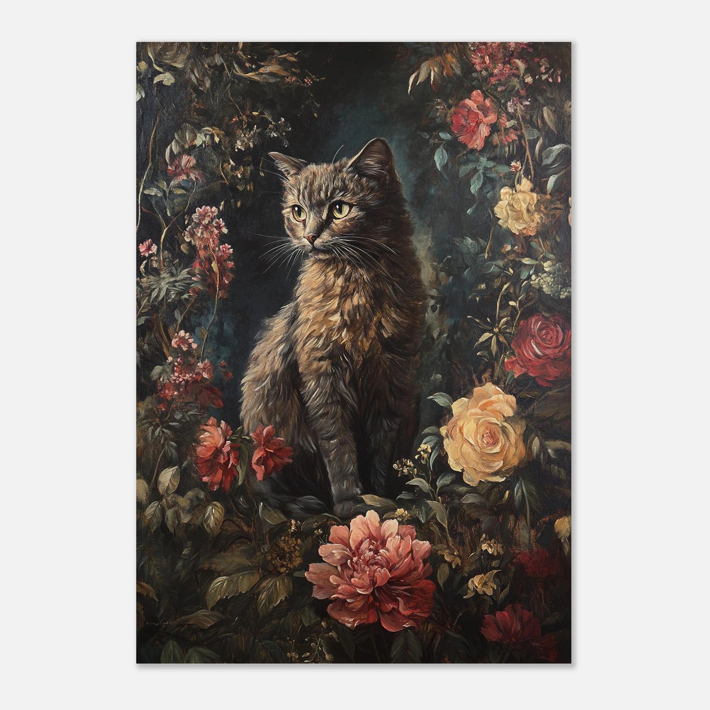Elegant kattmotiv med varma toner och frodig växtlighet på poster