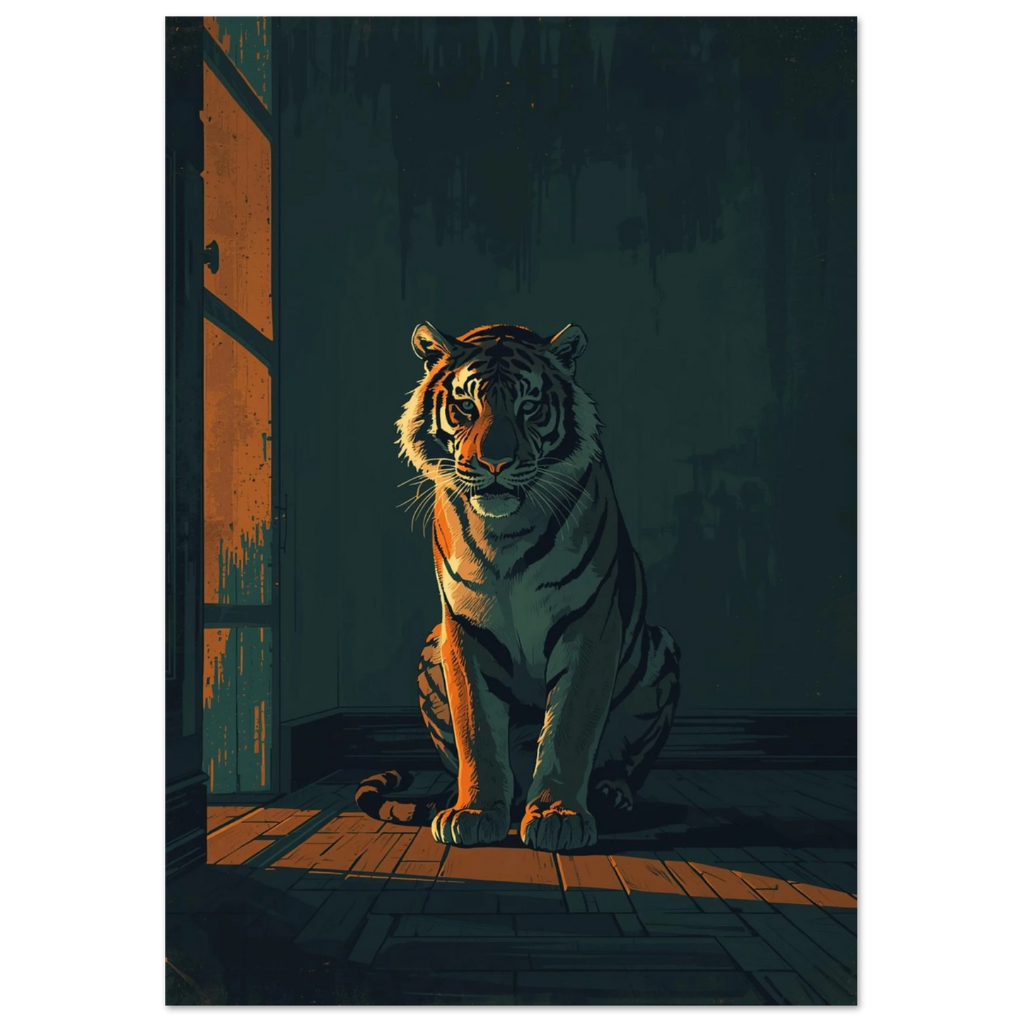 Sittande tiger i dramatiskt ljusinsläpp, filmisk digital illustration för väggkonst