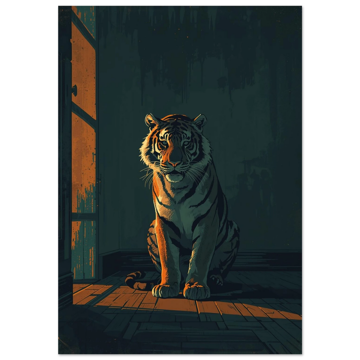 Sittande tiger i dramatiskt ljusinsläpp, filmisk digital illustration för väggkonst