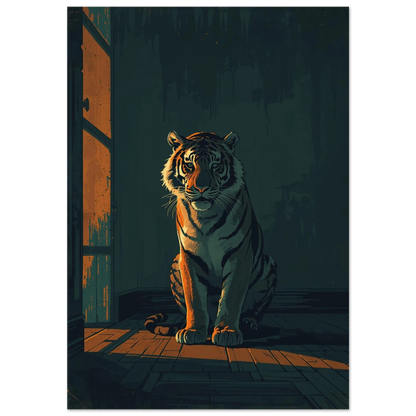 Sittande tiger i dramatiskt ljusinsläpp, filmisk digital illustration för väggkonst