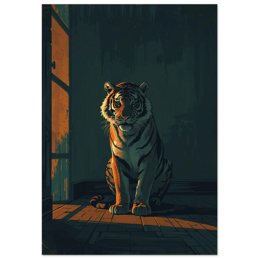 Sittande tiger i dramatiskt ljusinsläpp, filmisk digital illustration för väggkonst