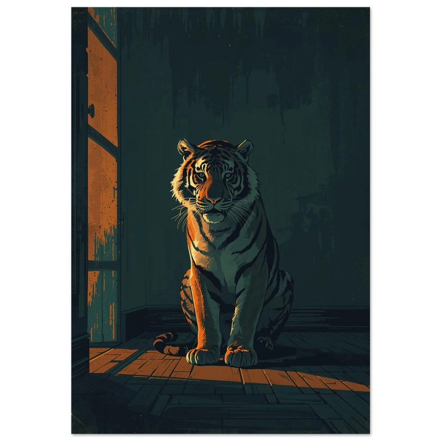 Sittande tiger i dramatiskt ljusinsläpp, filmisk digital illustration för väggkonst