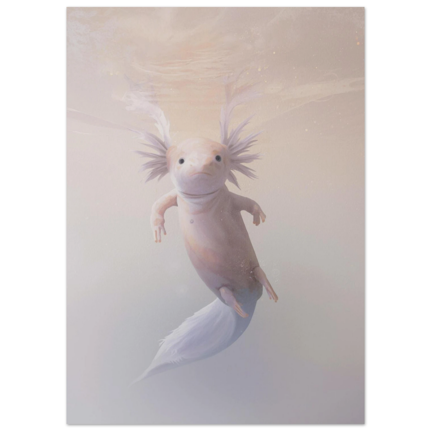 Närbild på axolotl med fjäderliknande gälar i mjukt beige vattenmiljö