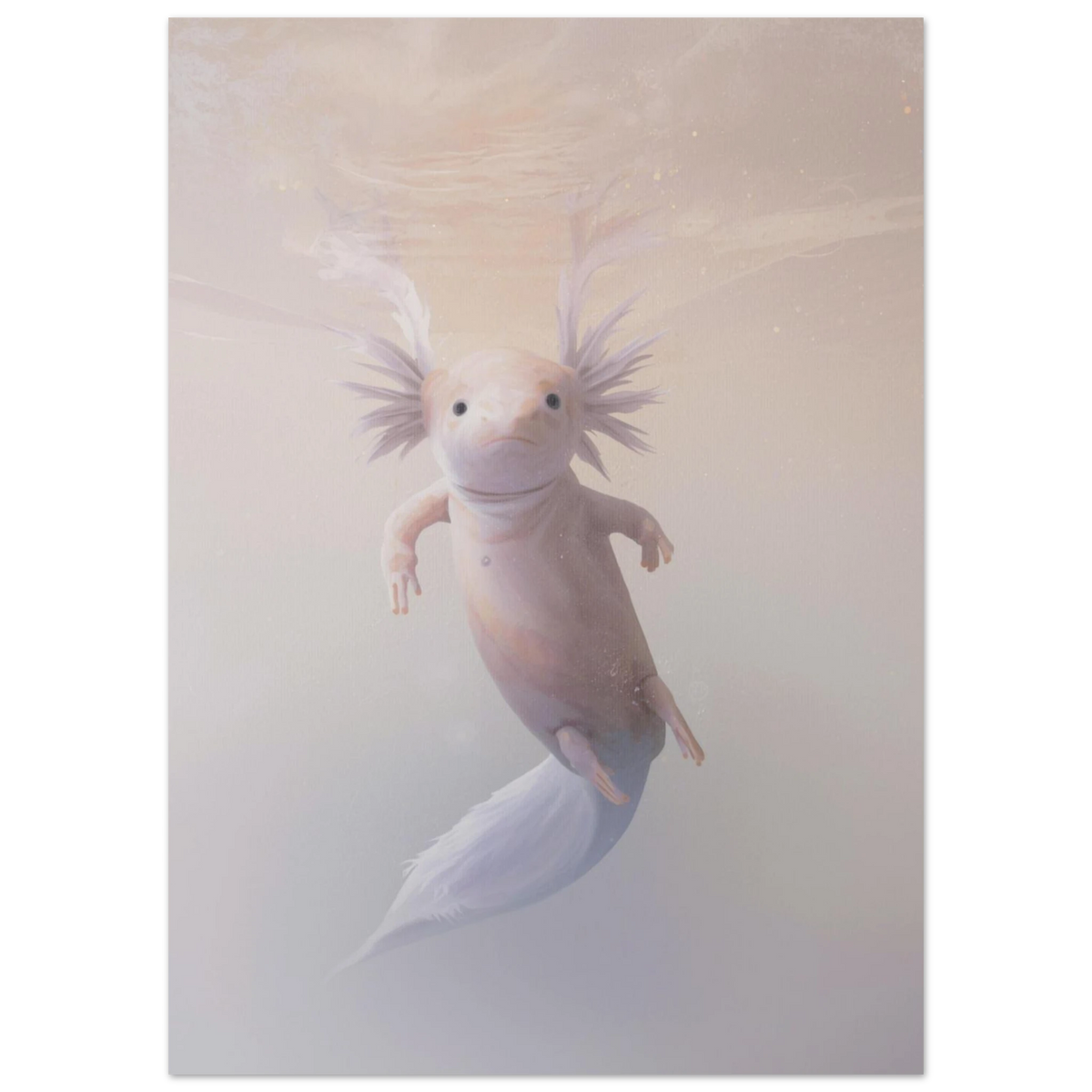 Närbild på axolotl med fjäderliknande gälar i mjukt beige vattenmiljö
