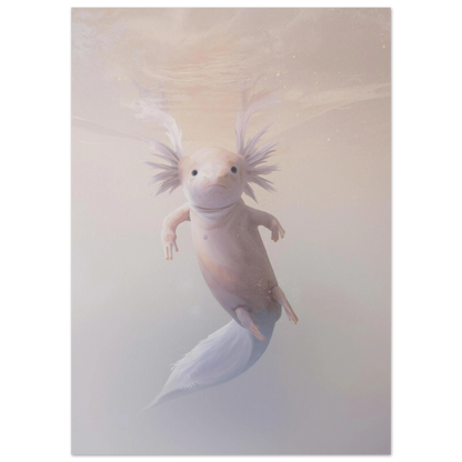 Närbild på axolotl med fjäderliknande gälar i mjukt beige vattenmiljö