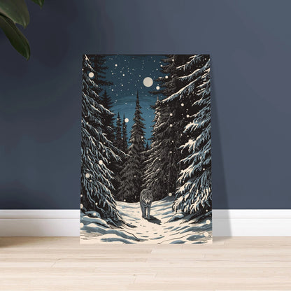 Inramad djurposter med vargmotiv lutad mot mörkblå vägg i hemmiljö