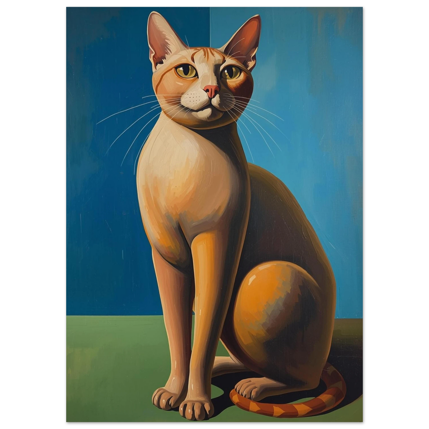 Sittande katt med surrealistiska former och varma toner – grafiskt print