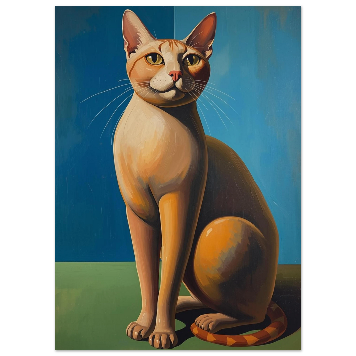 Sittande katt med surrealistiska former och varma toner – grafiskt print