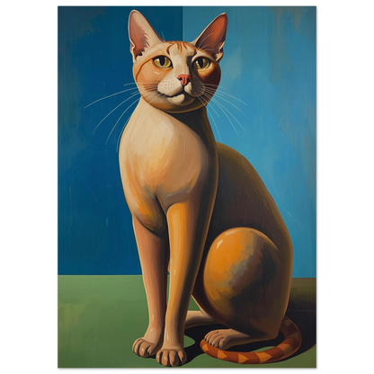 Sittande katt med surrealistiska former och varma toner – grafiskt print