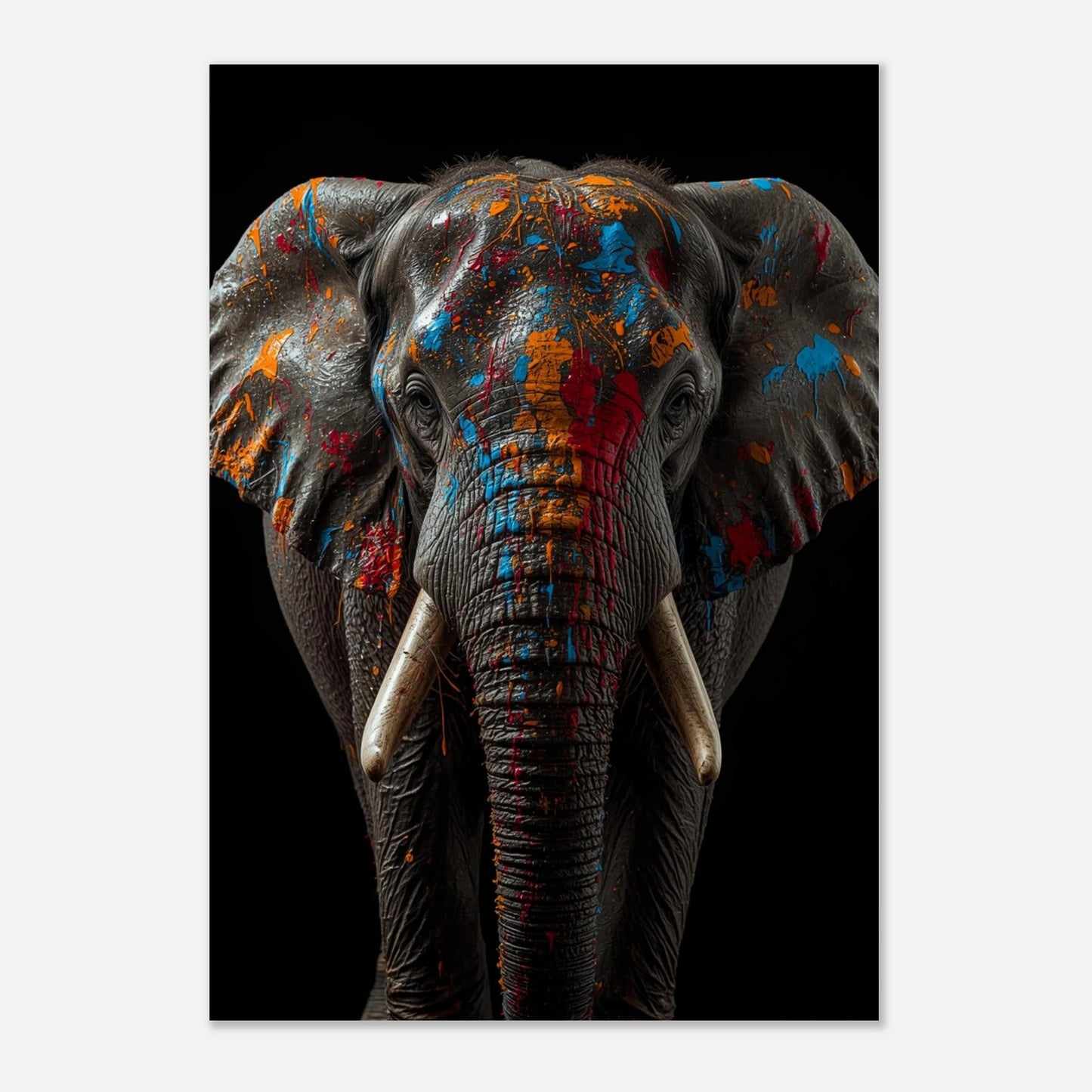 Modern väggkonst föreställande elefant med färgstänk i klara nyanser