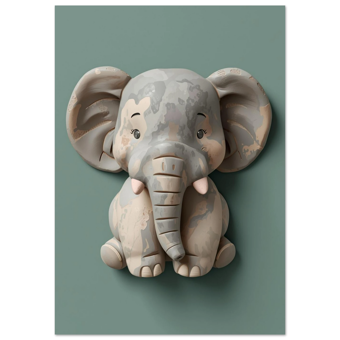 Skulpterad elefant i 3D-stil mot en matt salviagrön bakgrund