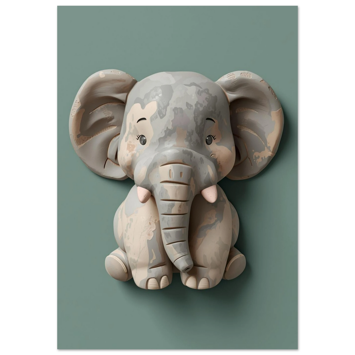 Skulpterad elefant i 3D-stil mot en matt salviagrön bakgrund