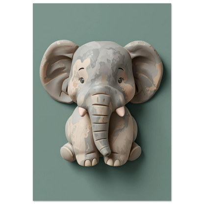 Skulpterad elefant i 3D-stil mot en matt salviagrön bakgrund
