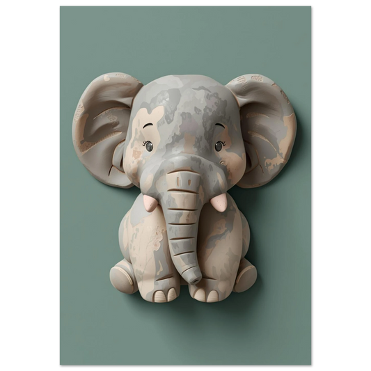 Skulpterad elefant i 3D-stil mot en matt salviagrön bakgrund