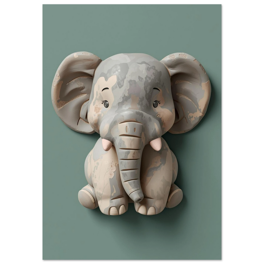 Skulpterad elefant i 3D-stil mot en matt salviagrön bakgrund