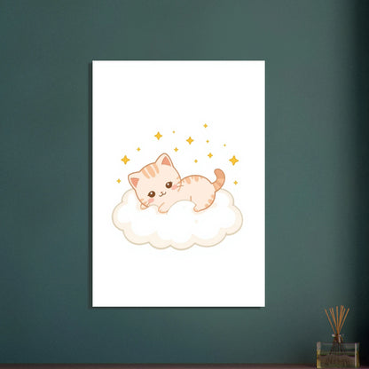Söt kawaii-kattunge på moln med stjärnor, drömsk och lugn