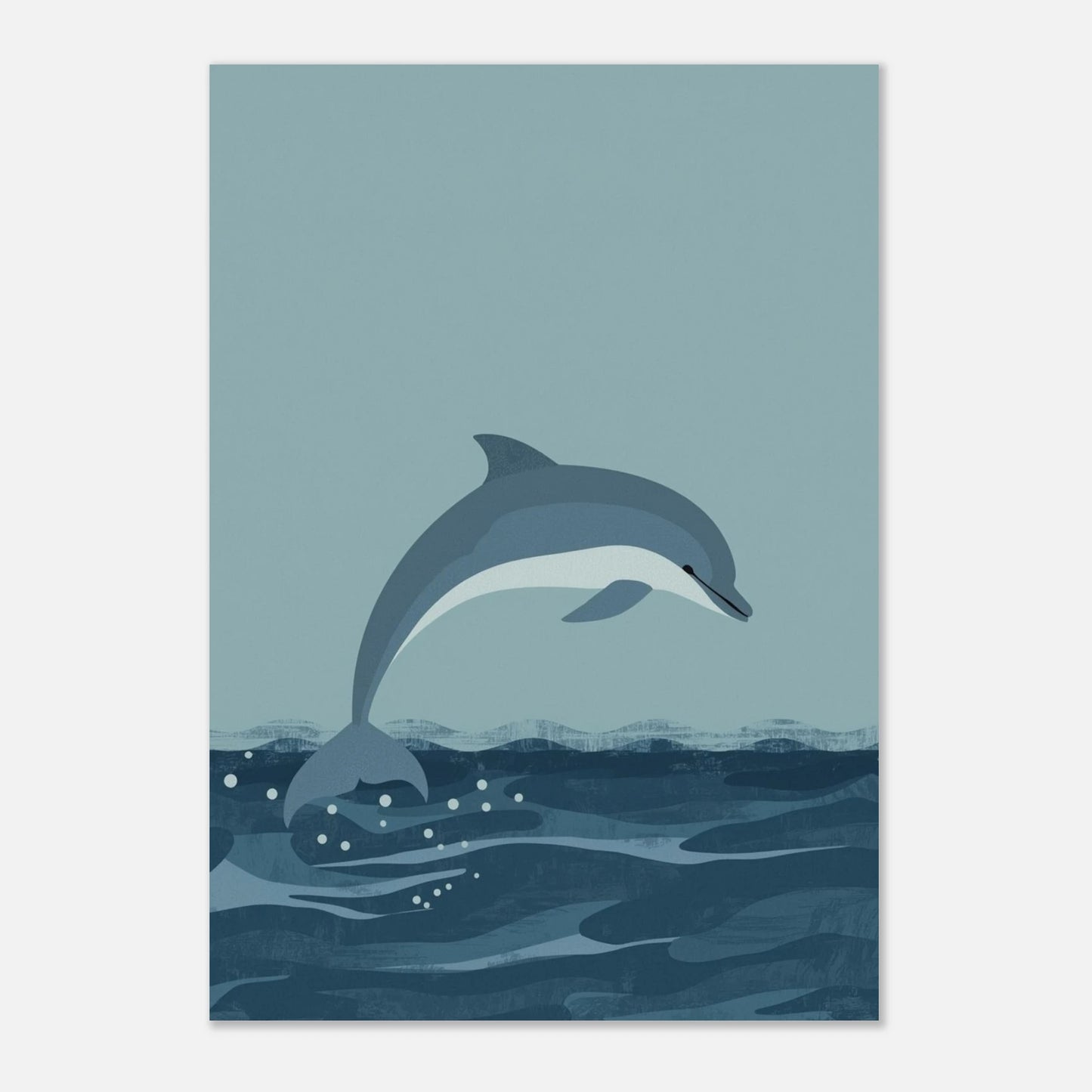 Minimalistisk djurposter med en delfin som hoppar i ett stilrent hav