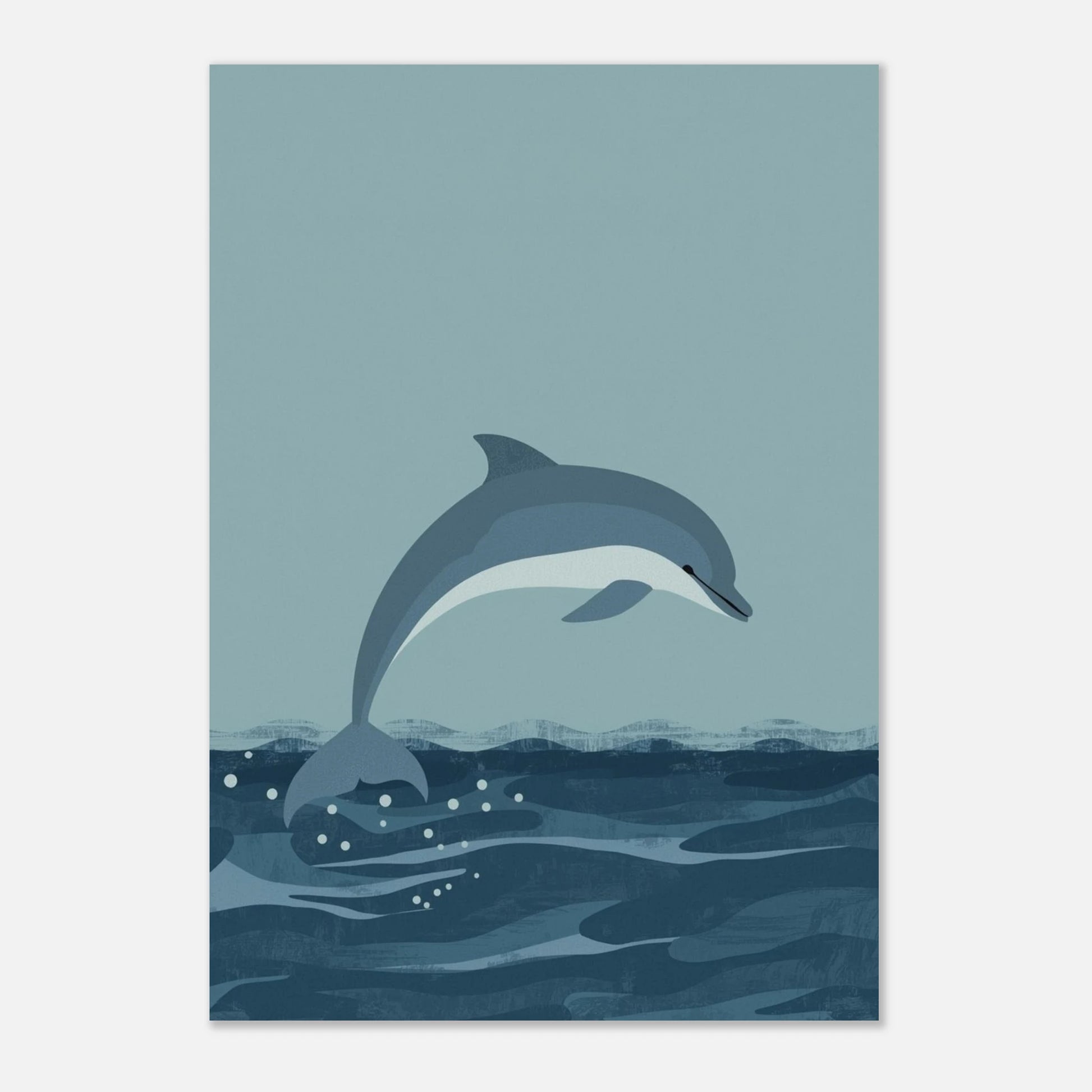 Minimalistisk djurposter med en delfin som hoppar i ett stilrent hav