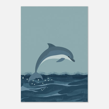 Minimalistisk djurposter med en delfin som hoppar i ett stilrent hav