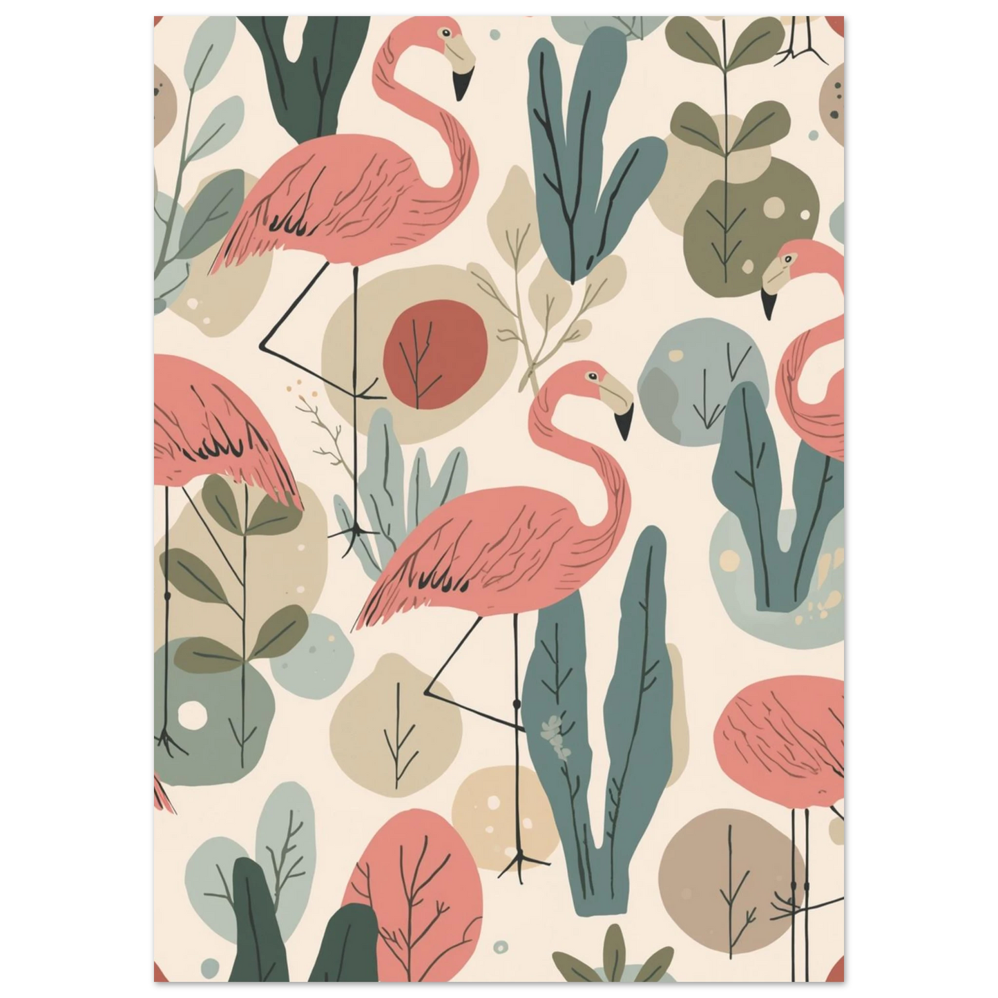 Närbild på stiliserade rosa flamingos och abstrakta växter, grafiskt print
